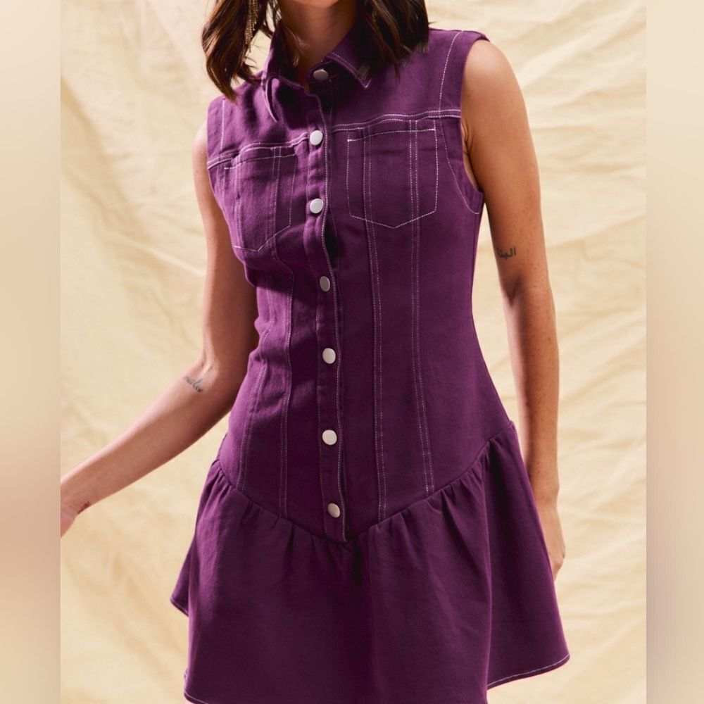 Purple Sleeveless Button-Down Dress White Stitching size Medium - Picture 5 of 14
